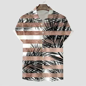 Herren Freizeit Kurzarm Hawaiihemd mit 3D tropischem Palmenblatt und Roségold Streifen Print.
