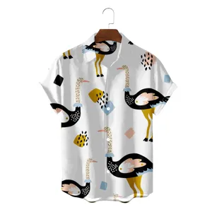 Hawaiaans herenoverhemd met struisvogelprint, casual zomers shirt met korte mouwen.