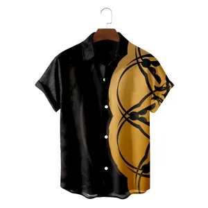 Men's retro short sleeve shirt with baroque gold print and black color block design summer fashion.