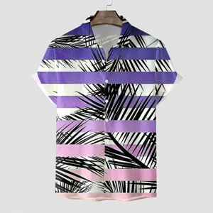 Herren Kurzarm Hawaiihemd mit lila Streifen und modischem Palmenblatt Print fur Sommer.