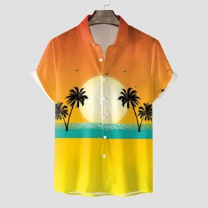 Herren Sommer Kurzarm Hawaiihemd mit tropischem Sonnenuntergang Strand 3D Druck Detail