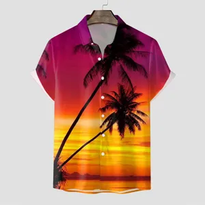 Herren Tropen Sonnenuntergang Druck Hawaiihemd Kurzarm Freizeit Strand Knopfleiste Top