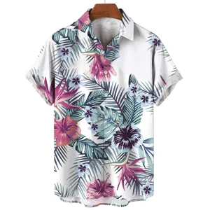 Close up detail of men's 3D tropical floral print short sleeve shirt, casual loose summer top.