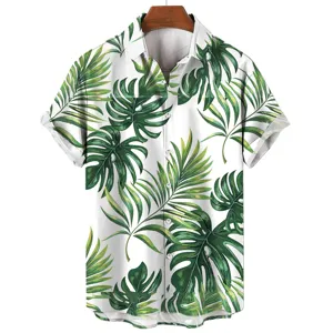 Men short sleeve shirt casual tropical plant leaf green print loose fashion button down