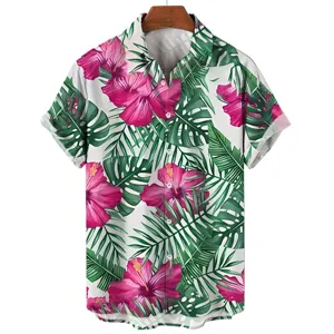 Men's casual short sleeve button down shirt featuring vibrant 3D tropical floral and leaf print.