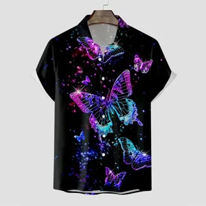 Herren 3D Neon Schmetterling Druck Kurzarm Hawaiihemd Sommer Freizeit Knopfleiste Top