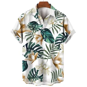 Men's Casual Short Sleeve Shirt Summer Tropical Plant Floral Print Loose Fit Turn Down Collar Button Down Shirt