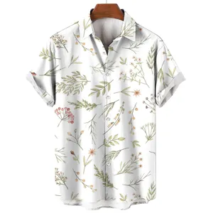 Men's botanical print short sleeve shirt detail, casual floral button down summer top.