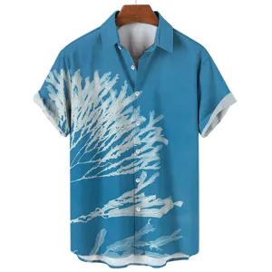 Detailed view of blue short-sleeve shirt with white tropical plant print and button design.