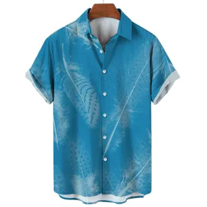 Detailed view of the men's blue short sleeve shirt featuring delicate white feather print.
