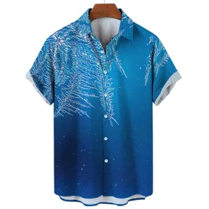 Blue frost printed short sleeve shirt detail, casual summer button down top with lapel collar.