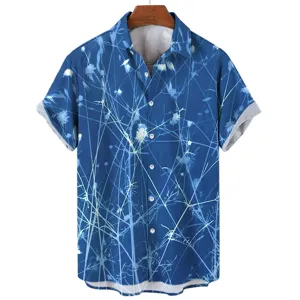 Detailed view of a blue short sleeve men shirt featuring white botanical graphic style.