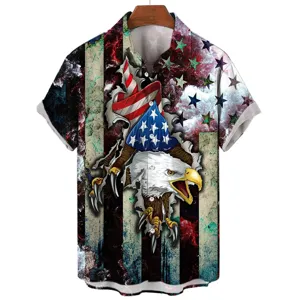 Men's 3D American flag eagle print short sleeve shirt detail view showing patriotic design.