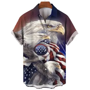 Men 3D American Flag Eagle Print Short Sleeve Shirt Casual Button Down Summer Beach Top.