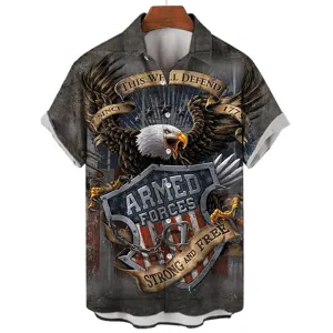 Men's 3D Eagle Military Print Short Sleeve Shirt Vintage American Flag Casual Top