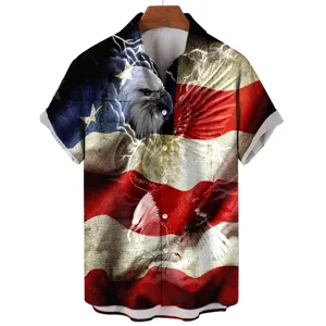 Men's 3D American Flag Eagle Print Casual Short Sleeve Shirt Summer Hawaiian Button Down