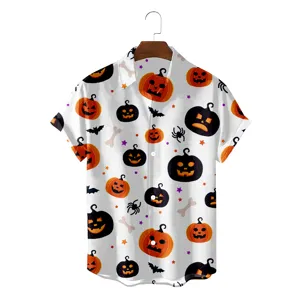 Men's Halloween pumpkin print short sleeve shirt casual button down holiday party top.