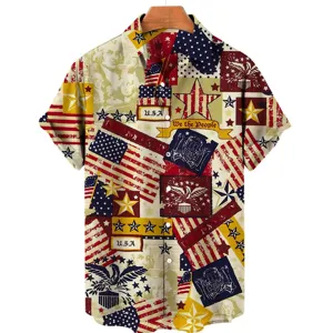 Men's retro USA flag eagle print short sleeve shirt, casual patriotic button-down top.