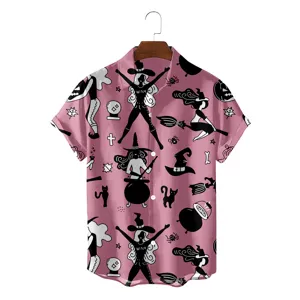 Men's Halloween Witch Print Short Sleeve Shirt Casual Button Down Summer Holiday Top