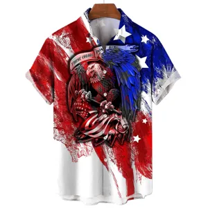 Men 3D American Flag Eagle Print Short Sleeve Shirt Casual Button Down Summer Top