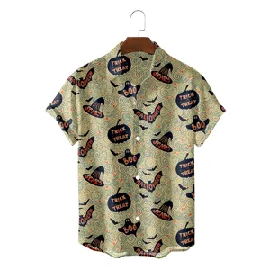 Men's Halloween short sleeve button down shirt featuring allover pumpkin witch hat print casual top