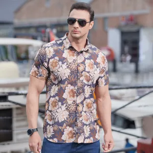 Men plus size short sleeve floral print stretch casual shirt for summer fashion wear