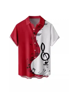 Camisa hawaiana de manga corta para hombre con estampado de notas musicales verano.