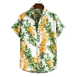 Herren Sommer kurzarm Hawaiihemd tropischer Blattmuster Print Freizeitshirt Top.