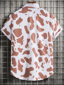 Men's casual short sleeve shirt featuring a stylish brown and white abstract animal print.
