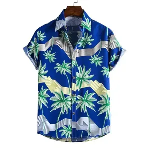 Sommer Herren Hawaii Kurzarmhemd mit lebendigem Palmenbaum und geometrischem 3D-Druck.