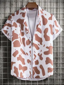 Men's short sleeve casual shirt with brown cow print pattern, layered with white tee.