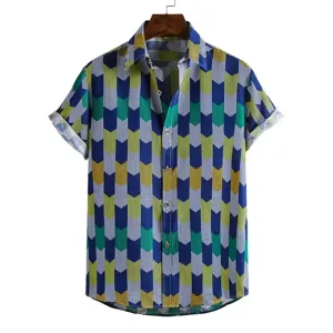 Herren Kurzarm Hawaiihemd lässig geometrischer Pfeil Druck Knopfleiste Sommer Top