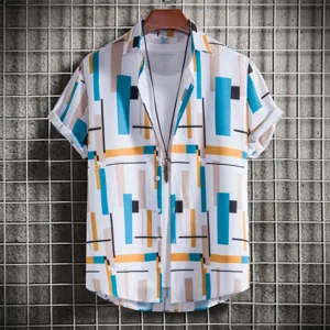 Mens short sleeve casual geometric print shirt with inner t-shirt and cool pendant necklace.