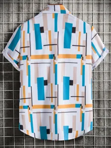 Men's casual short sleeve shirt with geometric digital print, summer fashion turn-down collar top