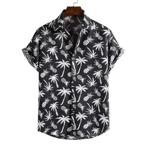Herren Schwarzes Hawaii Kurzarm Hemd Tropisch Palmen Ananas Freizeit Strand Knopfleiste