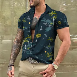 Chemise homme imprimée tropicale hawaïenne haut décontracté d'été pour vacances plage.