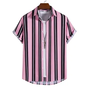 Men's casual striped short sleeve shirt detail, pink and black pattern, comfortable fit.
