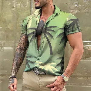 Chemise hawaïenne tropicale pour homme à manches courtes imprimé palmier vert style été.