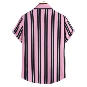 Men's casual short sleeve striped shirt back view, pink and black vertical stripes.