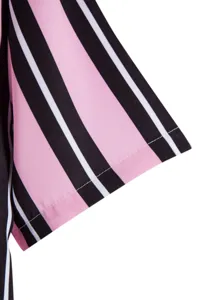 Close-up detail of men's casual short sleeve striped shirt cuff, stylish black pink white pattern.