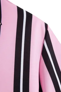 Detail view of the pink, black, and white striped fabric for men's casual short sleeve shirt.