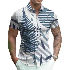 Men's short sleeve 3D digital printed casual shirt featuring stylish fern and stripe patterns.