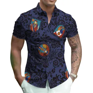 Detailed view of men's short sleeve 3D digital print shirt with vintage medieval poker card graphics.