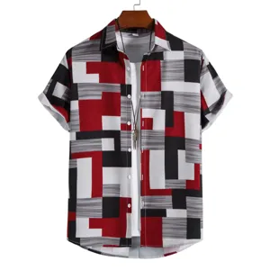 Men's short sleeve casual shirt with geometric color block pattern and turn down collar.