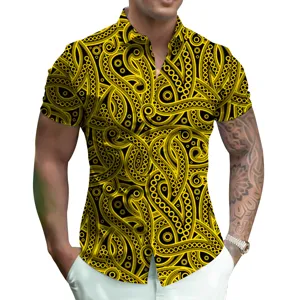 Detailed look at the vibrant yellow and black patterned 3D printed short sleeve shirt.
