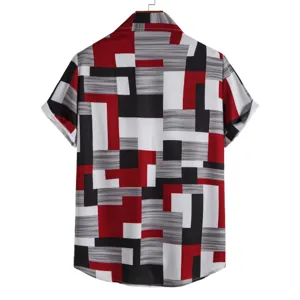 Close-up detail of geometric block print short sleeve casual shirt for men. Modern design.