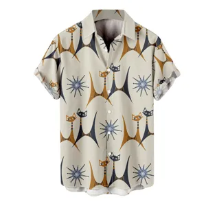 Chemise hawaïenne décontractée à manches courtes avec imprimé chat rétro pour hommes