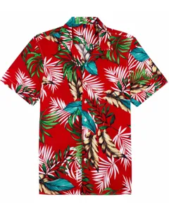 Details of men's red Hawaiian shirt with tropical leaf print, short sleeves and lapel collar.