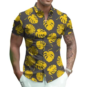 Detail view of men's summer short sleeve shirt featuring tropical leaf print and lapel.