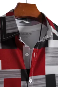 Men's digital printed geometric pattern short sleeve casual shirt collar detail view.